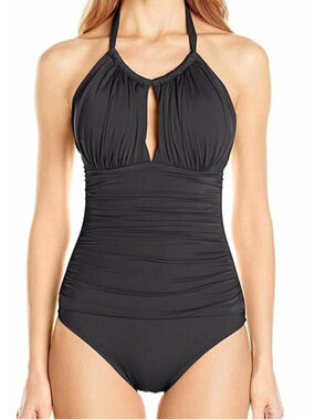 Women's Kenneth Cole Black Halter Ruched One Piece Swimsuit L